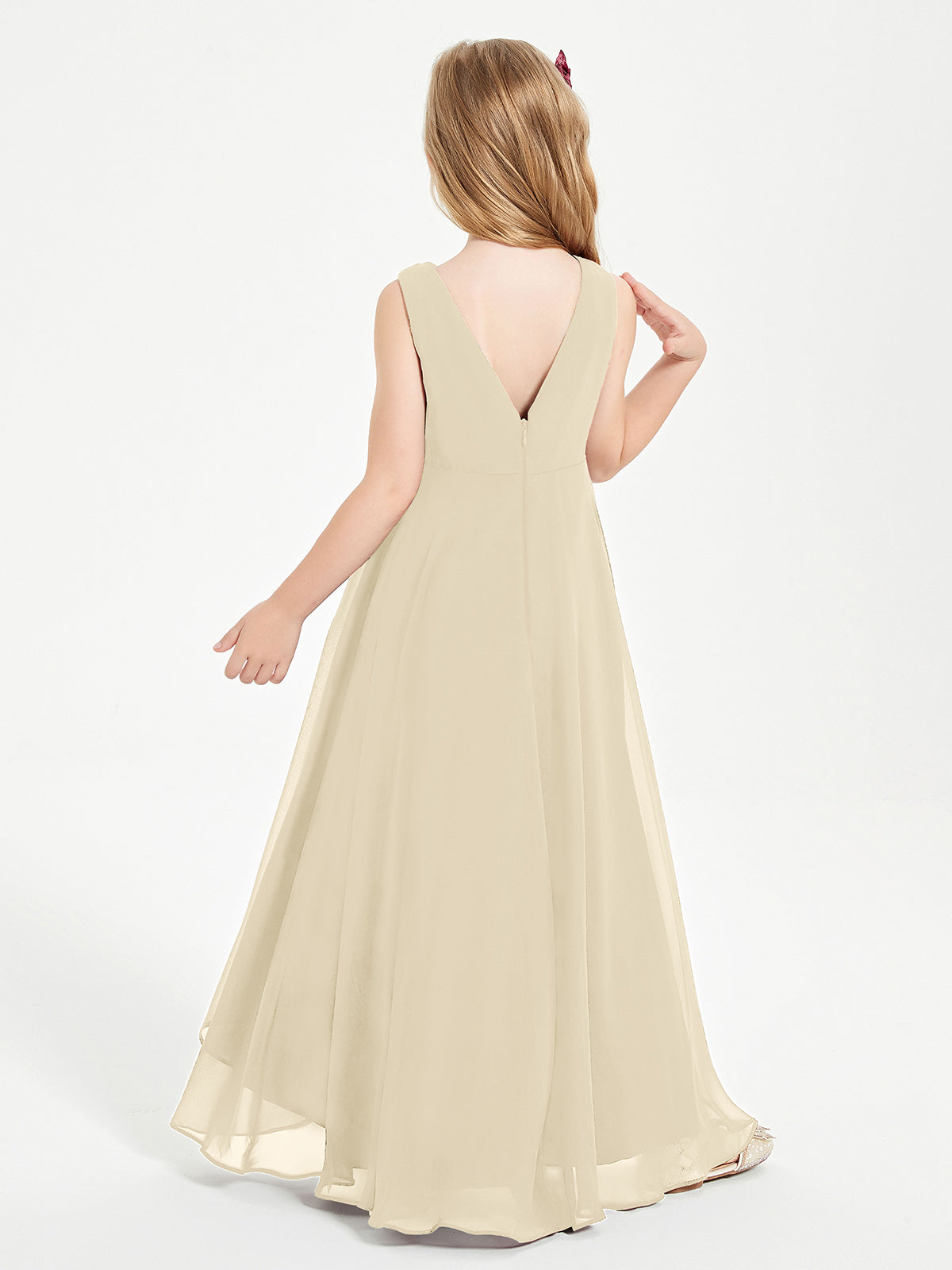 Modern Asymmetrical Cowl Neck Junior Bridesmaid Dresses Champagne